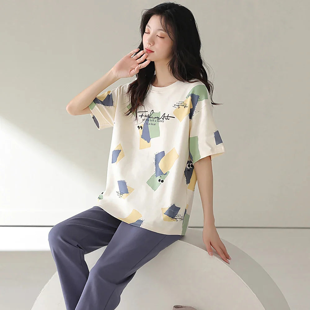 qgtao M-2XL 100% Cotton Women's Pajamas Casual Summer Short Sleeve Thin Pijama Sets Breathable Soft Pajama Sleepwear With Two Pockets