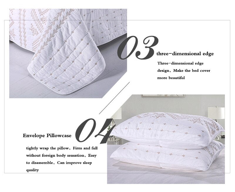 Yeknu Double Bed Cover Geometric Embroidery Plain 3 Piece Quilted Quilt Pillowcase Free Shipping