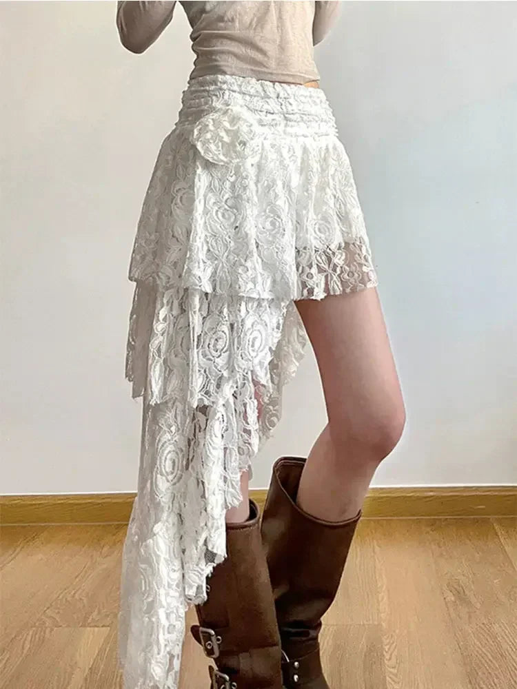 qgtao Lace Irregular Skirts Y2k Aesthetic Bohemian Beach Casual Design Casual Ruffled Fairy Sexy Harajuku Skirts 2024 Spring