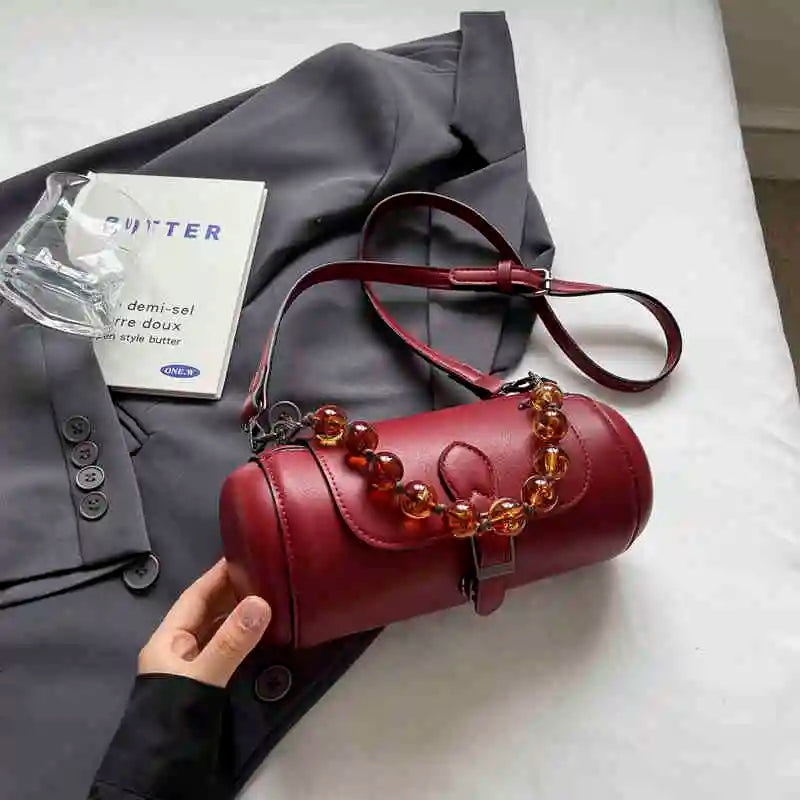 qgtao PU New Cylinder Crossbody Bag For Women Versatile Beading Decor Handheld Spring Autumn Fashion Solid Color Single Shoulder Bag
