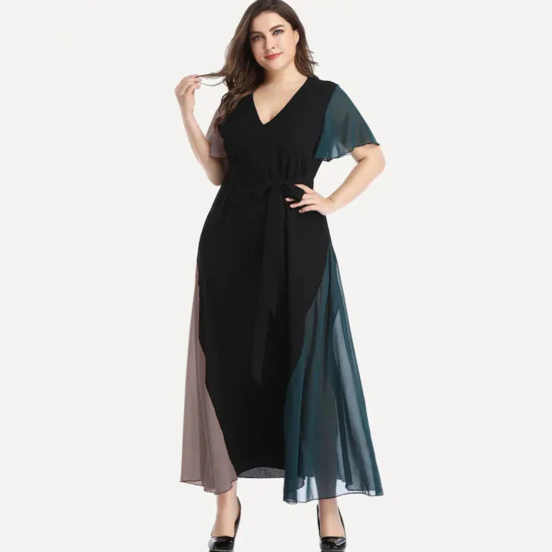 qgtao Plus Size V-neck Summer Elegant Chiffon Party Dress Women Short Sleeve Maxi Casual Dress Sash Waist Fit Flare Evening Dress 6XL