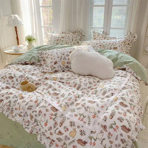 Yeknu - Lace Princess rose printed bedding set king size girl duvet cover set bedding sets elegant bed linen bed sheets and pillowcases