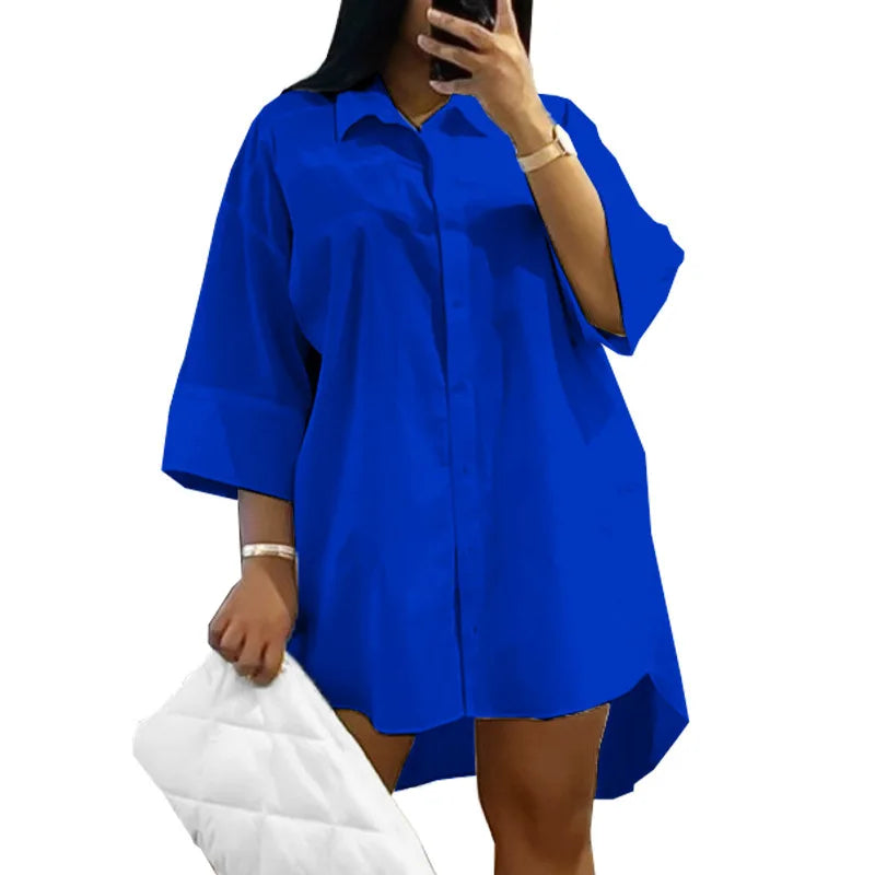 qgtao Plus Size 5XL Women Shirt Dress Solid Color Turn-down Collar Summer Mini Dress Lady Casual Loose Irregular Beach Dress Vestidos