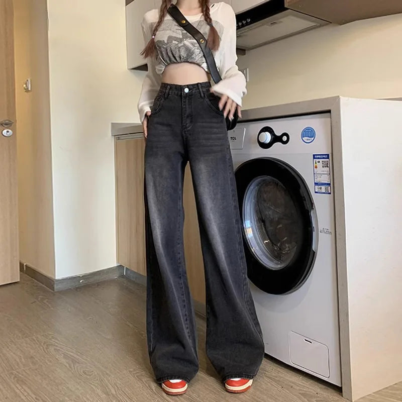 qgtao Y2k Vintage Jeans Women High Waist Baggy Straight Casual Wide Leg Pants Streetwear Fashion Distressed Loose Denim Trousers