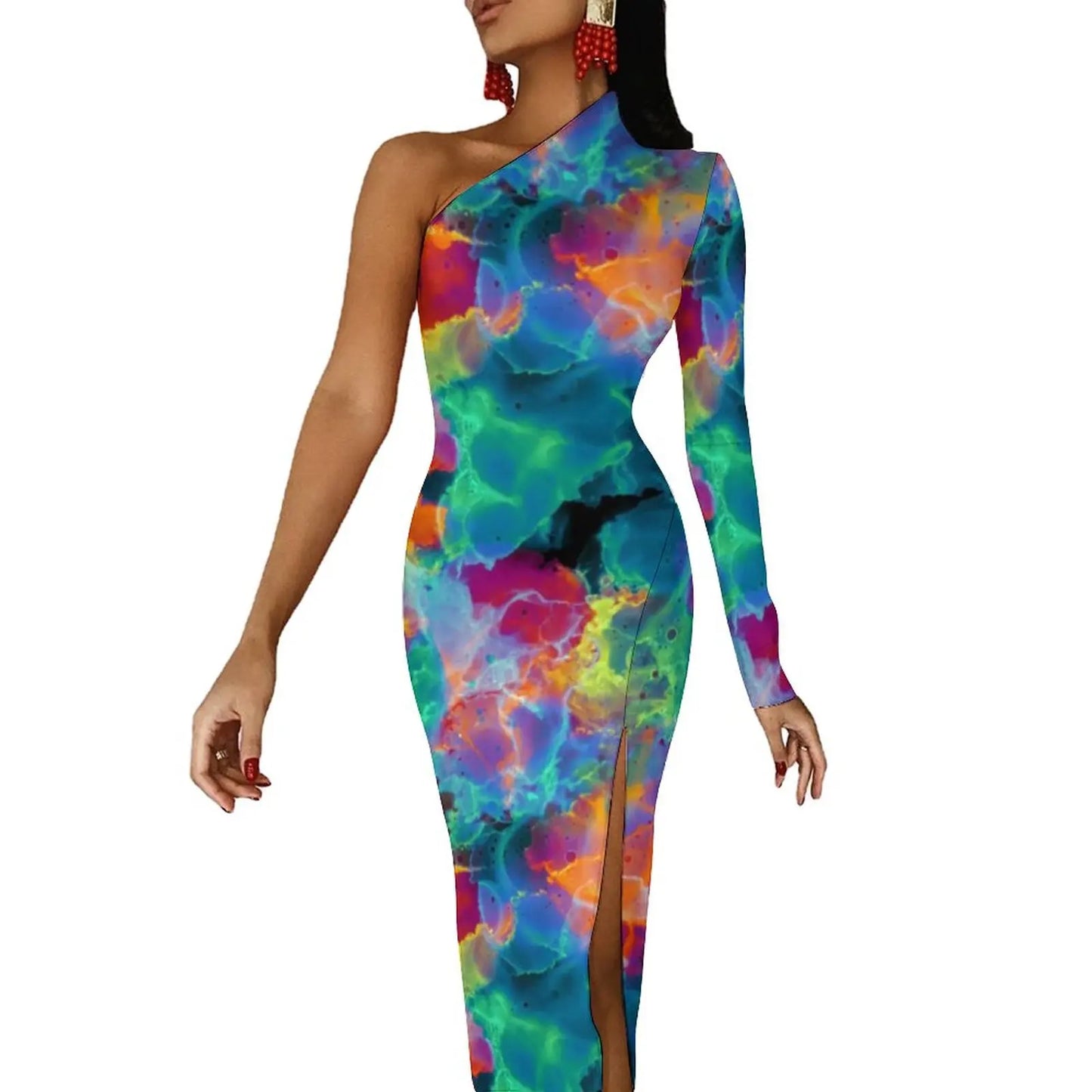 Neon Paint Long Dress Women Graffiti Splatter Print Party Maxi Dress Summer Long Sleeve Sexy Bodycon Dresses Side Split Clothes