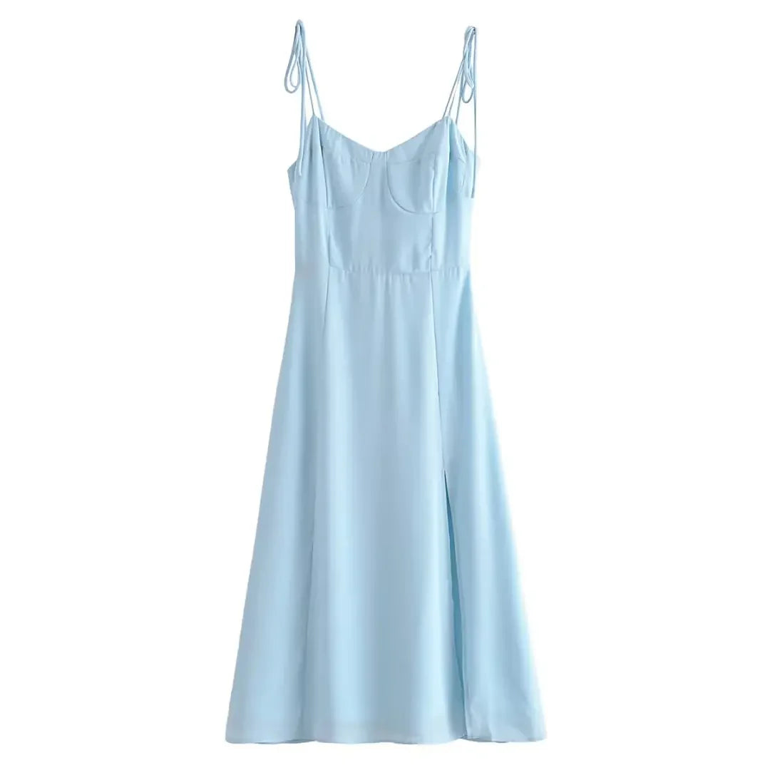 qgtao Women French Style Light Blue Front Slit Sling Dresses Sexy Sleeveless High Waist Female Holiday Summer Chiffon Dress