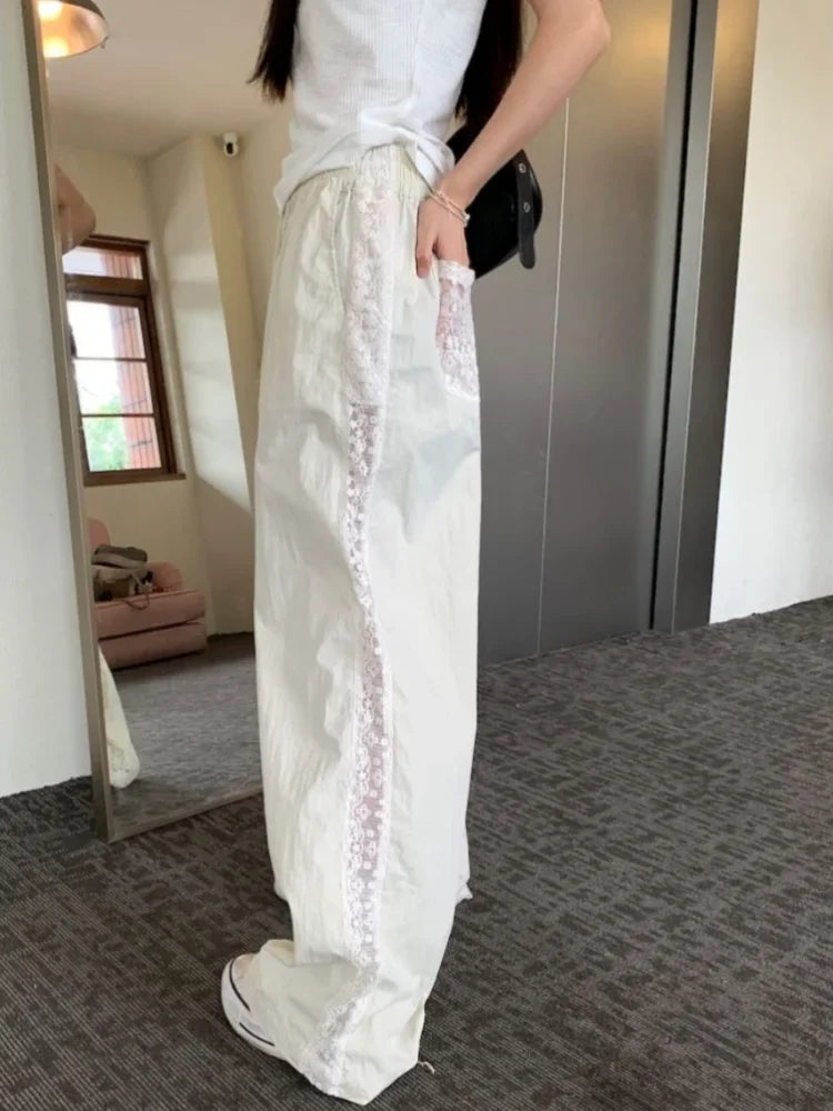 qgtao - Beige Striped Wide Leg Pants for Women Lace Patchwork Straight Trouser Elastic Waist Summer Fashion Casual Bottoms Mujer