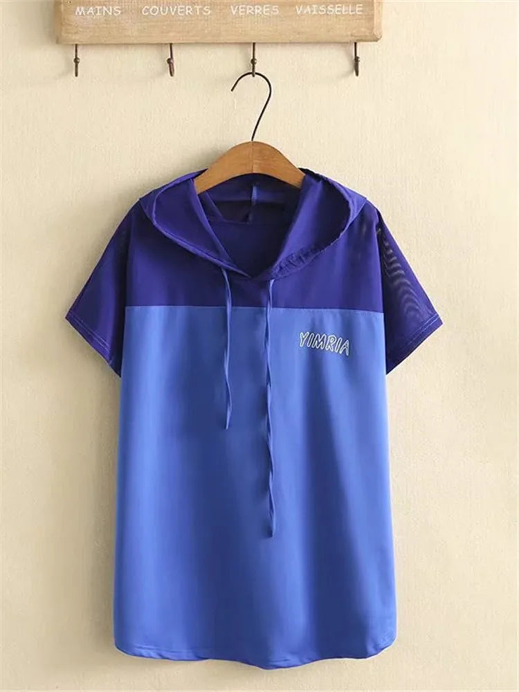 qgtao 2024 Plus Size Clothes For Women In Summer Wear Short Sleeve Hooded Mesh Stitching Breathable Fabric Large Size High Quality Tops