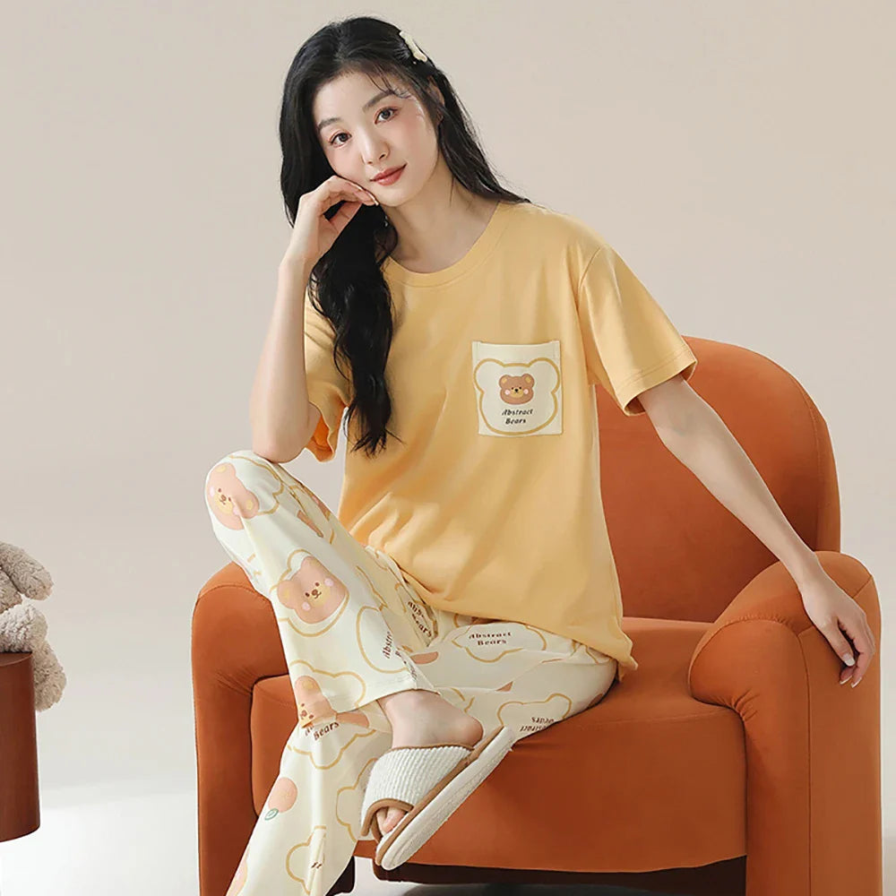 qgtao M-2XL 100% Cotton Women's Pajamas Casual Summer Short Sleeve Thin Pijama Sets Breathable Soft Pajama Sleepwear With Two Pockets
