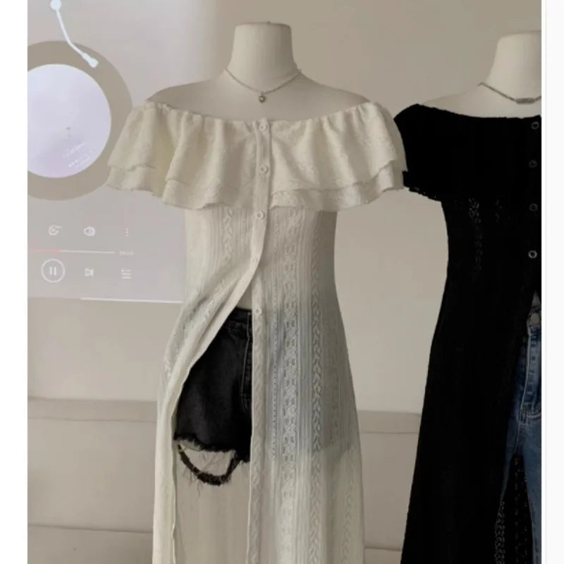qgtao Elegant Dresses for Women Korean Sweet Long White Black Midi Dress Vintage Sexy Streetwear Y2k Chiffon Dress Casual