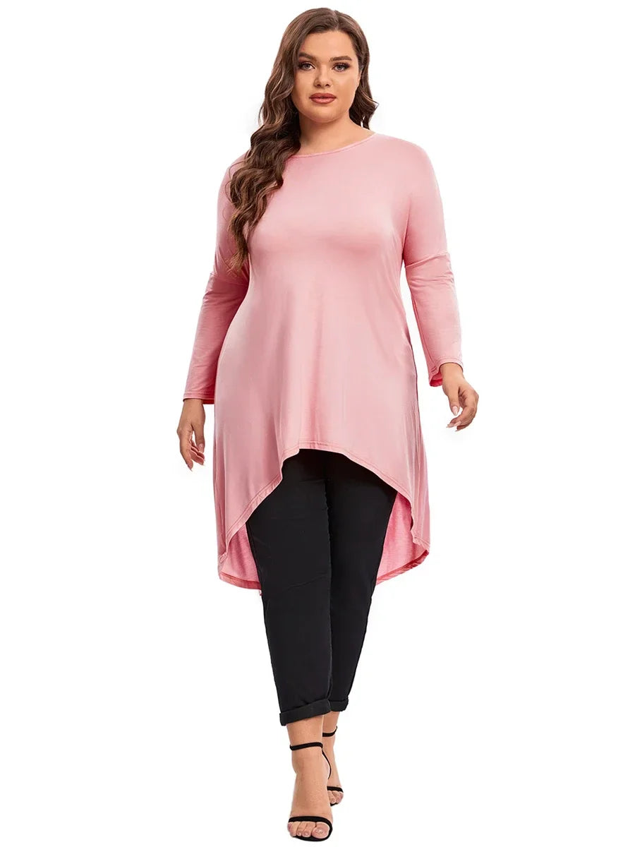qgtao Plus Size Long Sleeve Elegant Tunic Blouse Women Long Hi Low Fit Flare Spring Autumn Swing Tops T Shirt Large Size Clothing 7XL