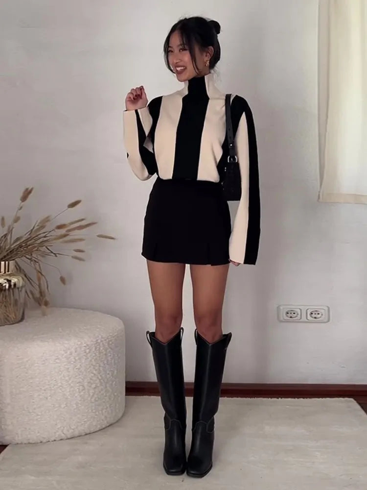 Vertical Stripe Mock Turtleneck Sweater For Women Autumn O-neck Long Sleeve Knitter Pullover Vintage Fashion Commute Jumpers