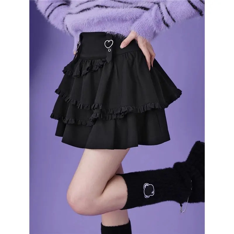qgtao Black Y2k Mini Skirt Women Sweet Harajuku Kawaii Ruffle Gothic Patchwork Short Skirt Casual Grunge Street A-line Skirts