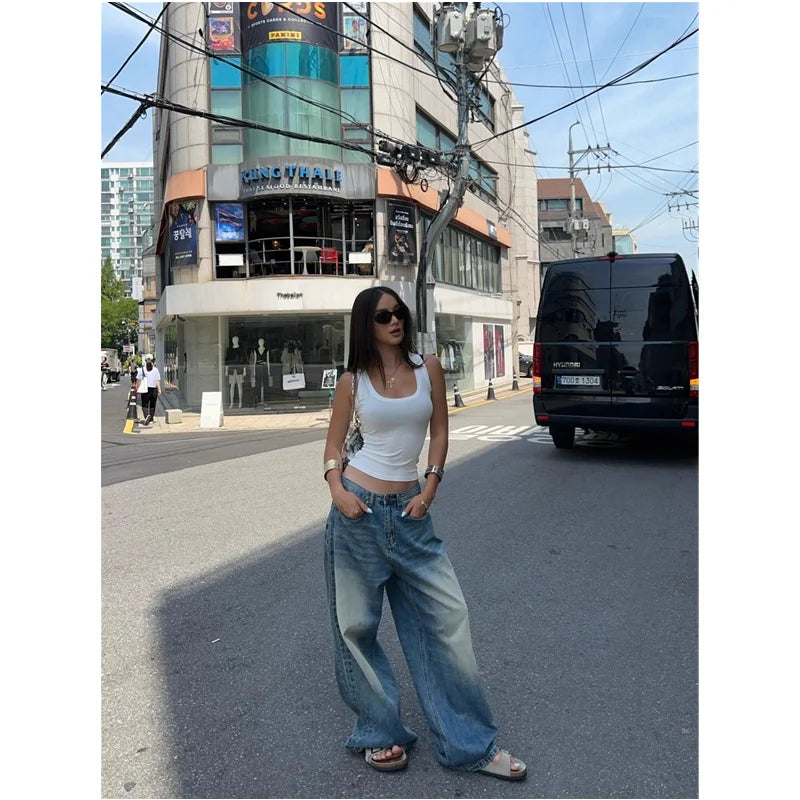 qgtao - Blue Womens Jeans High Waist Vintage Straight Summer Design Sense Denim Pants Streetwear American Wide Leg Baggy Denim Trouser