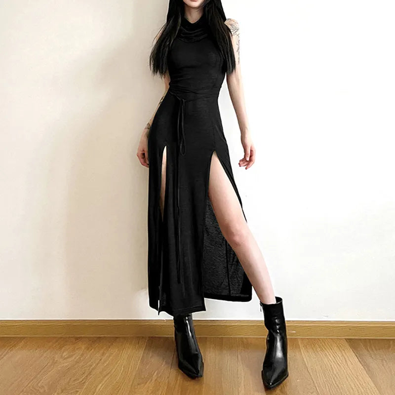 qgtao Cyber Gothic Desert Walker Hooded Dresses Y2k Punk Grunge Hollow Out Midi Dress Women Sexy Split Side Solid Streetwear