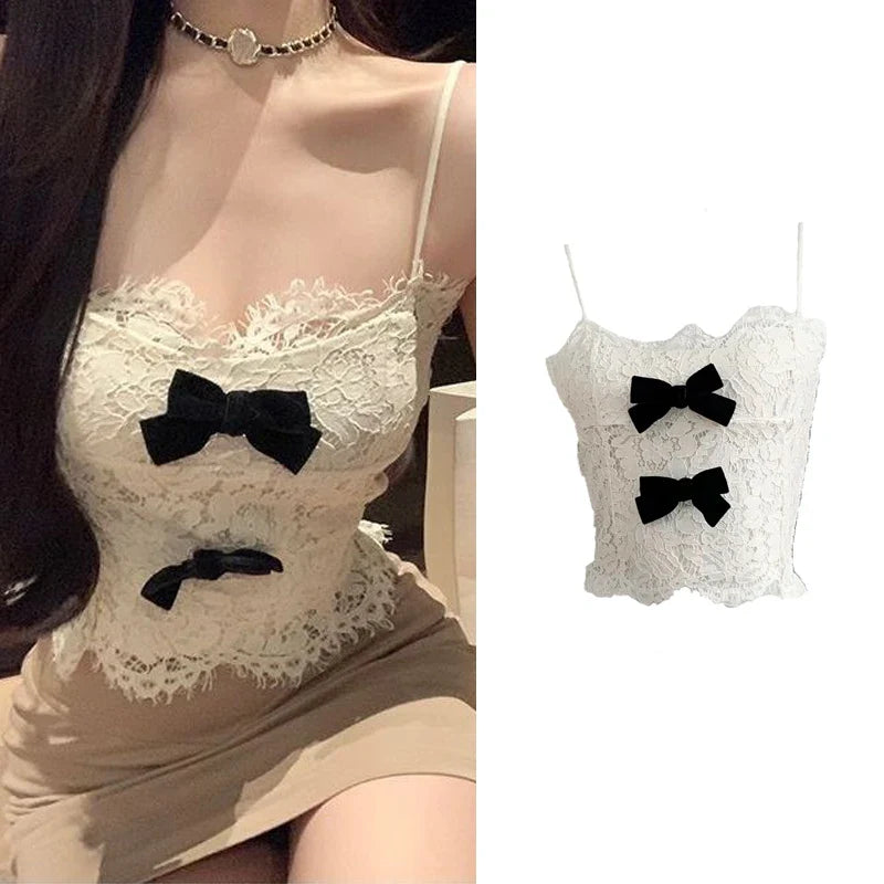 Women's Lace Patchwork Camisole Crop Top Vintage Y2k Summer Fashion Streetwear Tank Top Female Sexy Sleeveless Off Shoulder Vest