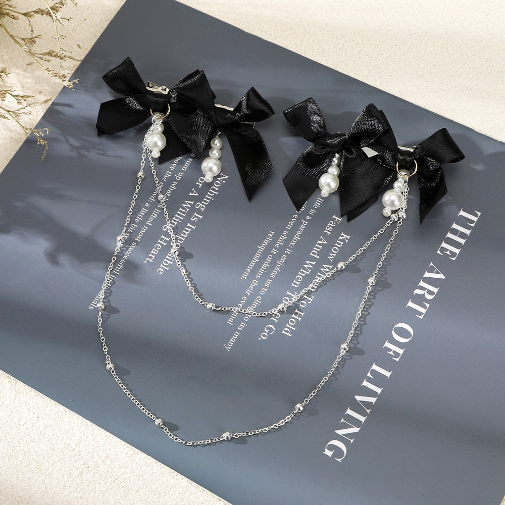 LEVAO Elegant Chain Solid Color Bow Hairpins For Girl Black Hair Clip For Women Sweet Satin Hairgrip Hair Accessories