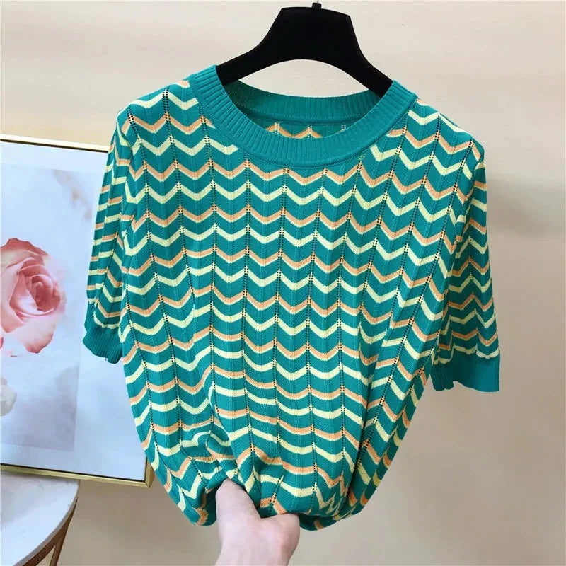 Casual Hollow Out Stripe Knitted Short Sleeve Top Women New Summer Thin Short T-shirt Korean Fashion Plus Size 4xl O-neck Female