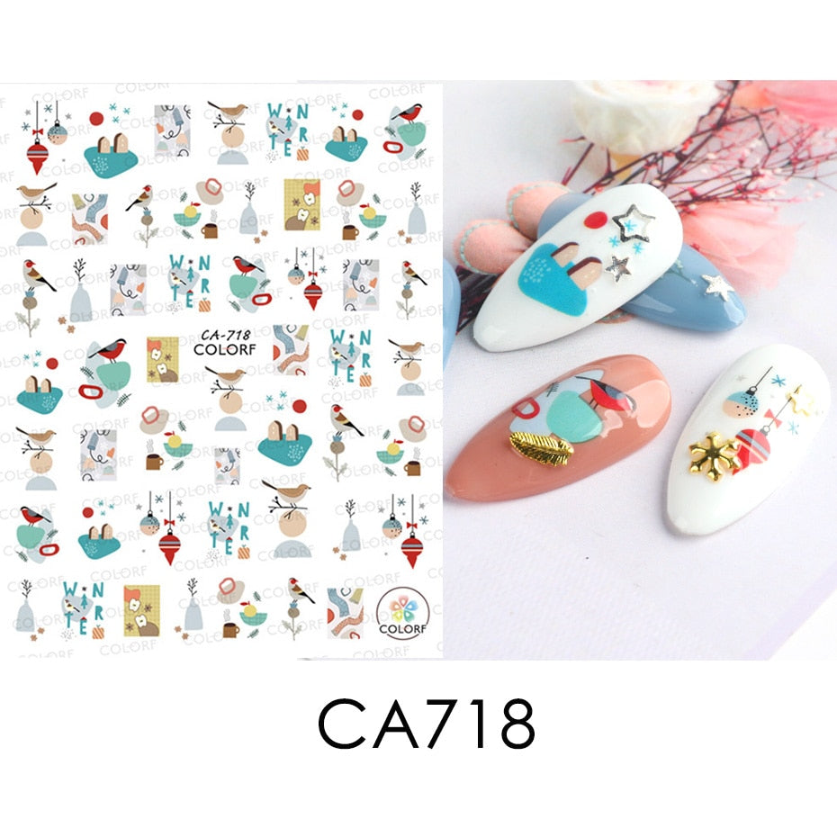 3D Christmas Sticker for Nails Cute Cartoon Sliders Snowflake Elk Xmas Tree Decal Gel Polisn Manicure Nail Art Decor SACA717-724