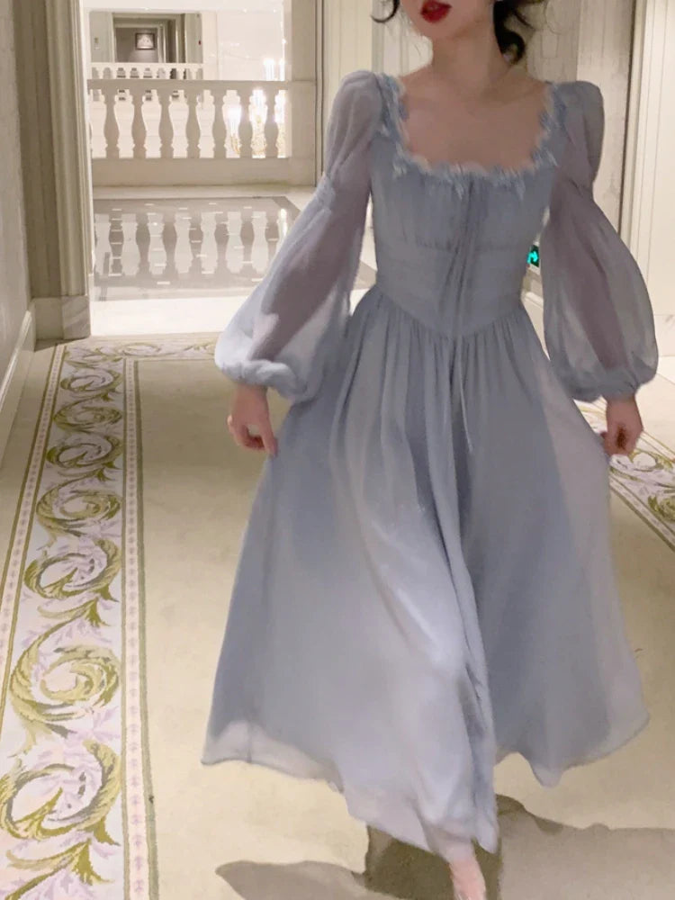 qgtao 2024 Summer Elegant Fairy Midi Dress Women Causal Long Sleeve Vintage Party Dress Female Ruffles One Piece Dress Korean Chic Y2k