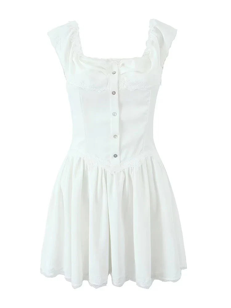 qgtao -2024 Women's French vintage single-breasted lace ruffle one-shoulder dress. summer. new style. Chic mini skirt.