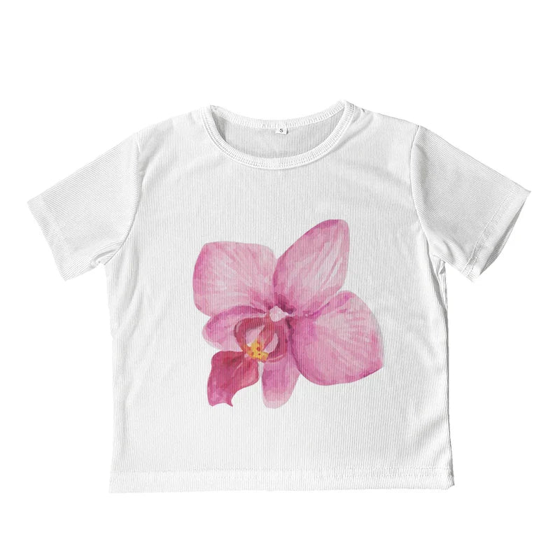 qgtao Y2k Women's Cute Flower Print T-Shirt Short Sleeved Slim Crop Top Streetwear Casual Vintage Sexy Baby Tees Summer Female Clothes