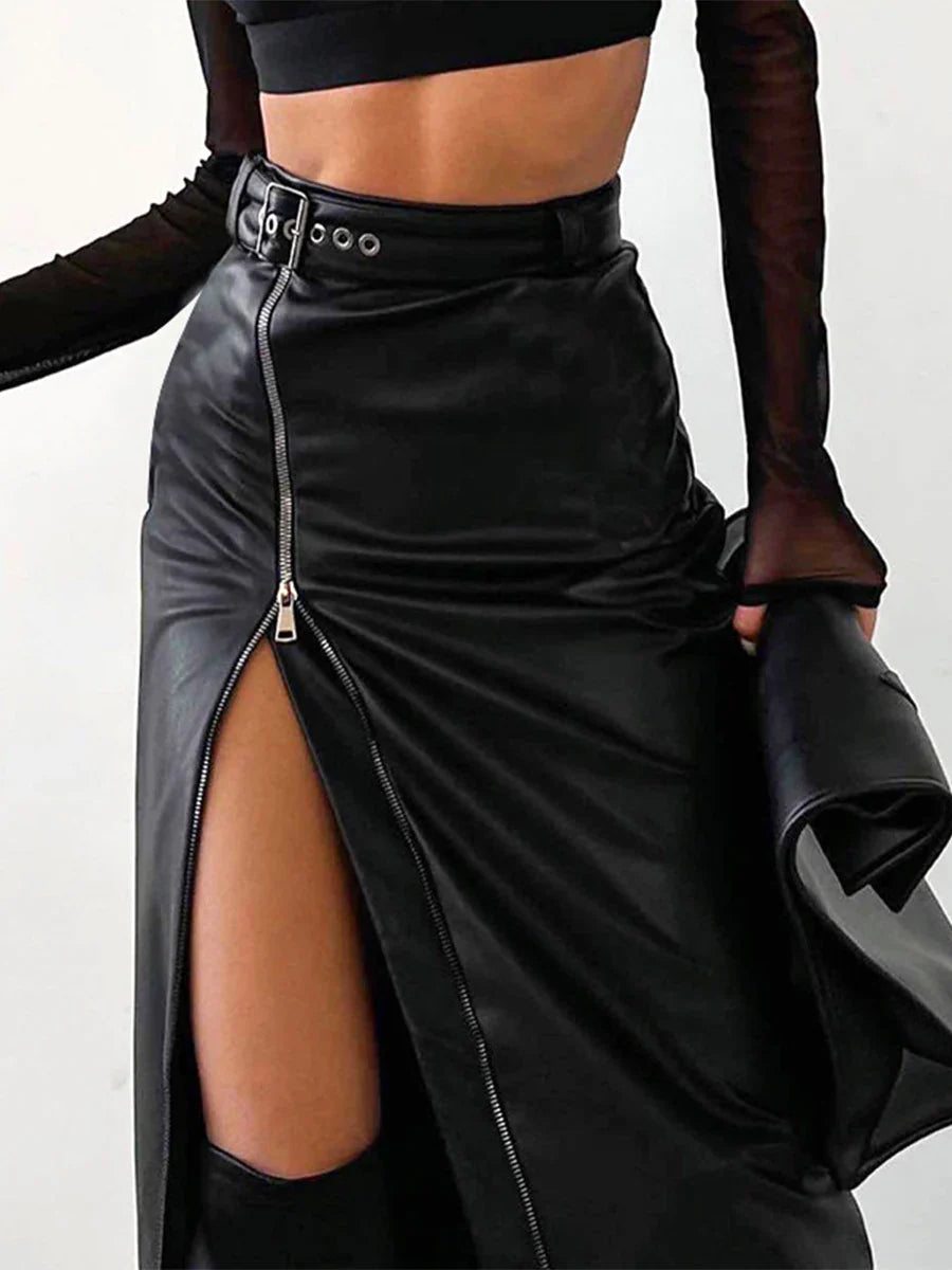 qgtao 2024 Autumn Winter Black Pencil Skirts Women Pu Leather Sexy High Waist Split With Belt Midi Skirt Bodycon Party