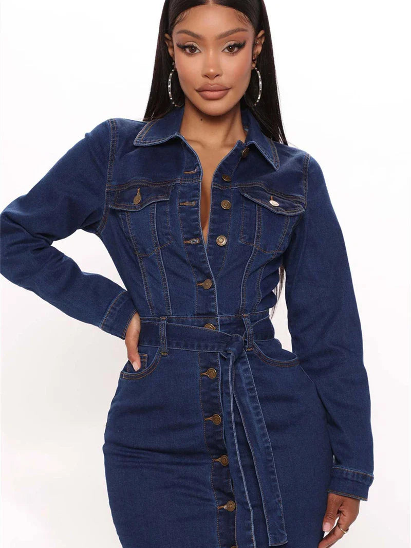 Vintage Denim Dresses for Women Autumn Clothes Long Sleeve Button Up Bodycon Jean Dress Streetwear Elegant Midi Dress Robe Femme