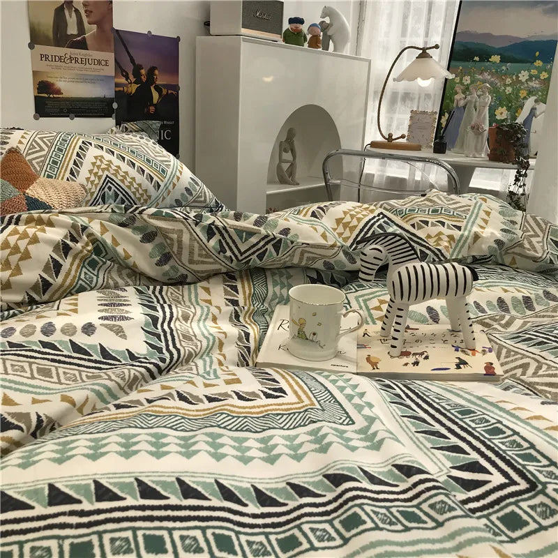 Yeknu - Simple Nordic Bed Four-Piece Set All Cotton Pure Cotton Quilt Cover Bohemian Style 1.5 M1.8 M Apartment Fitted Sheet