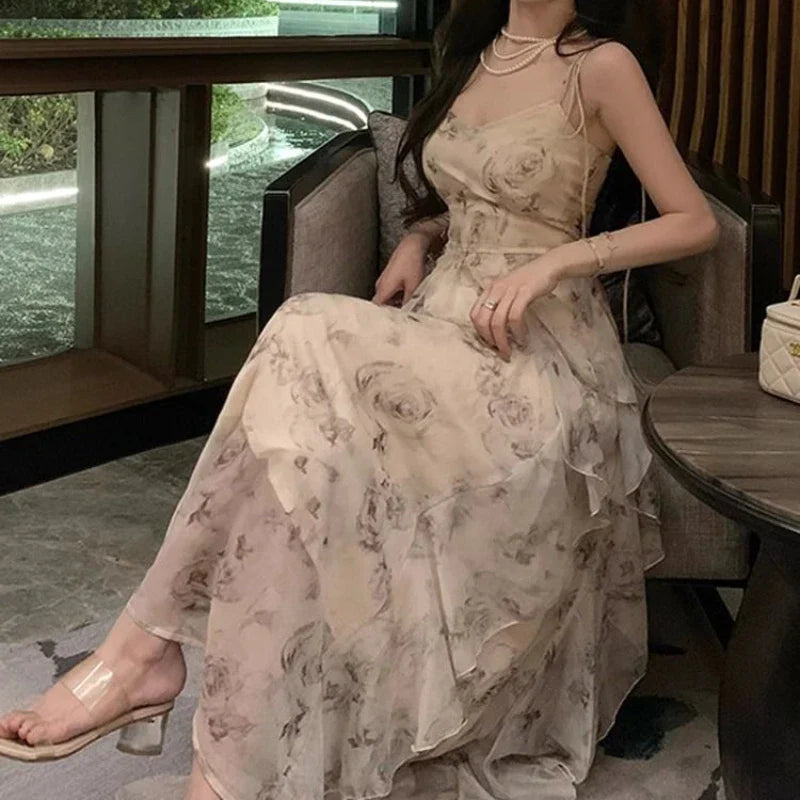 qgtao Elegant Holiday Dresses for Women Long Floral Chiffon Midi Dress Sleeveless Vintage Dress Fairy Slim Party Casual