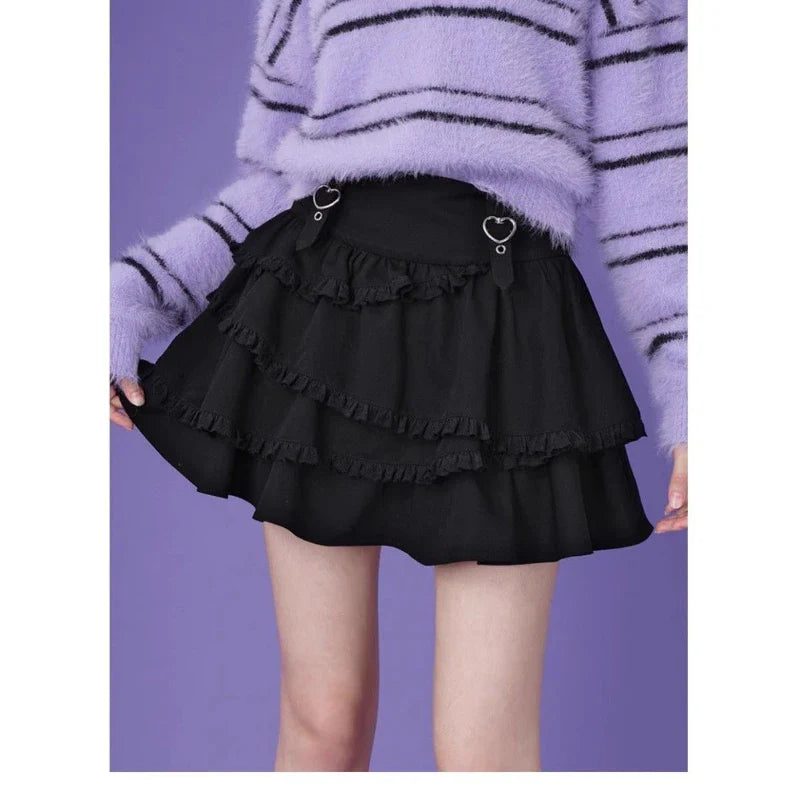 qgtao Black Y2k Mini Skirt Women Sweet Harajuku Kawaii Ruffle Gothic Patchwork Short Skirt Casual Grunge Street A-line Skirts
