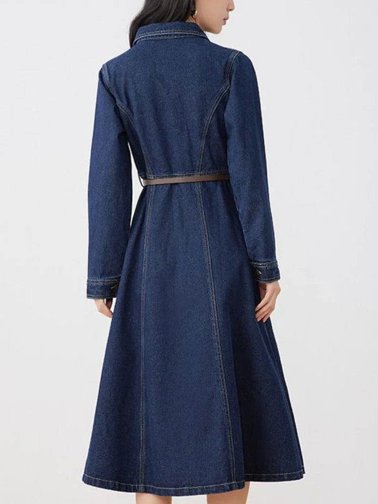 qgtao Autumn Winter Casual Women Lapel Single Breasted Denim Dress Vintage Lady Empire Slim A-line Midi Dress with Belt
