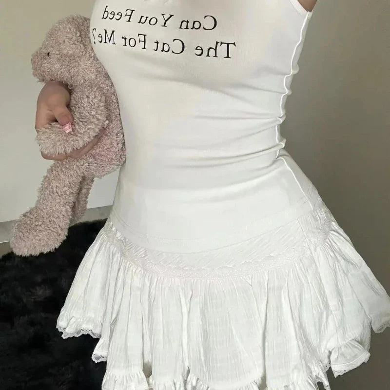 qgtao Coquette Mini Skirt Women Summer Y2k Lace Mesh Patchwork Sexy High Waist A-line Kawaii White Ruffle Skirt Fairycore