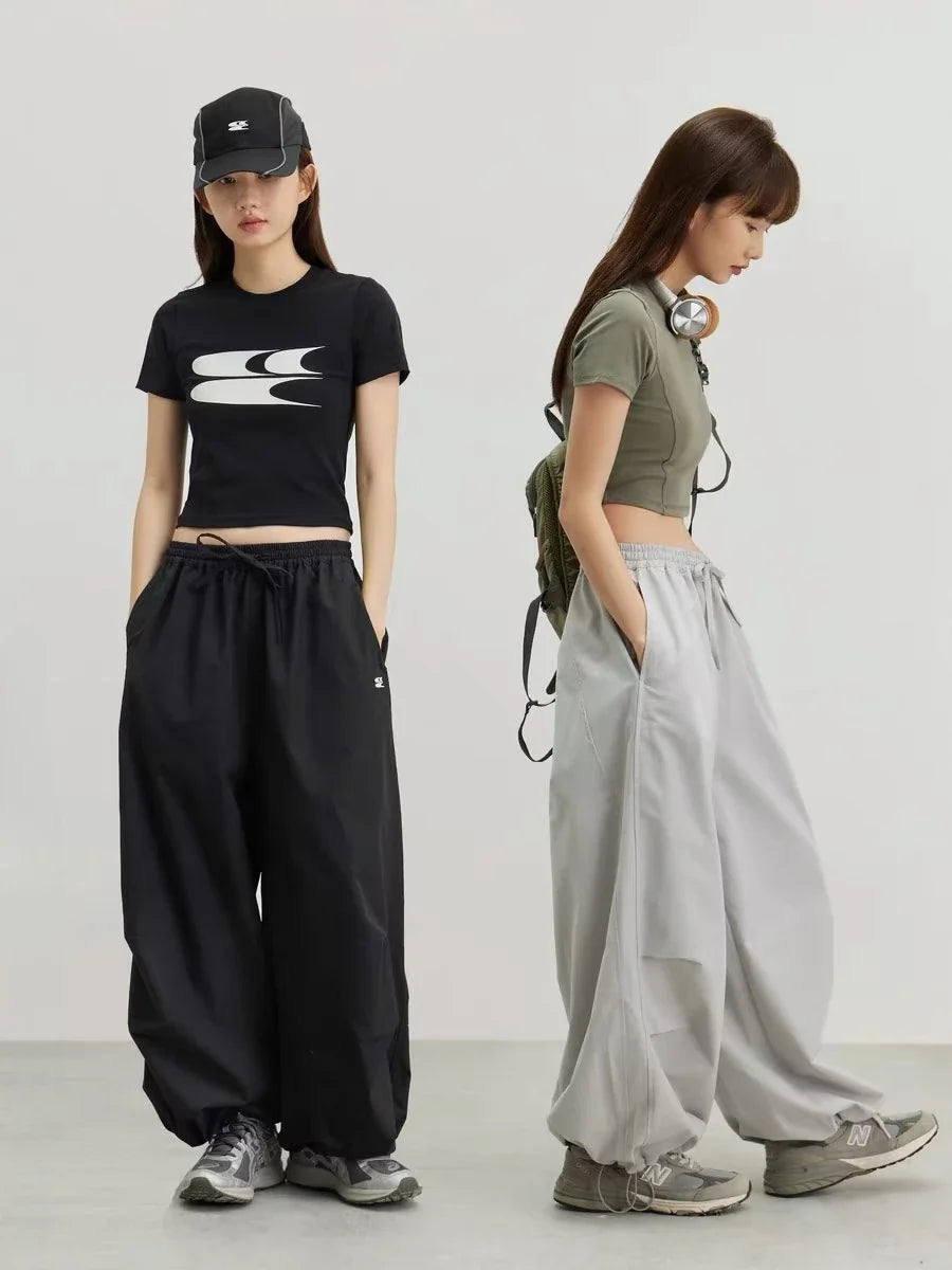 Deeptown Y2k Harajuku Vintage Parachute Pants Women Oversize Baggy Hippie Streetwear Pleated Joggers Trousers Kpop 90s Aesthetic