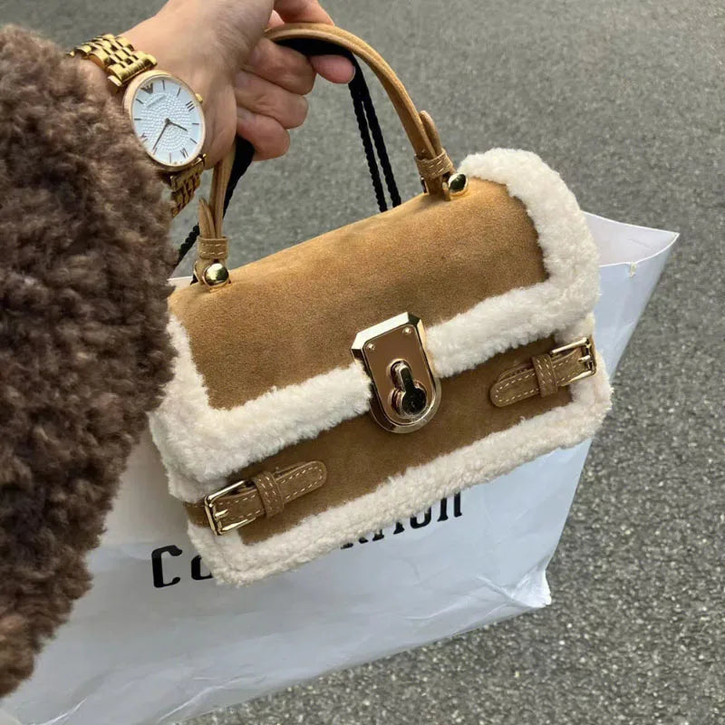 qgtao High Appearance Lamb Wool Bag Autumn Winter New Style All-In-One Handbag Senior Patchwork Crossbody Bags Suede Commuter Bag