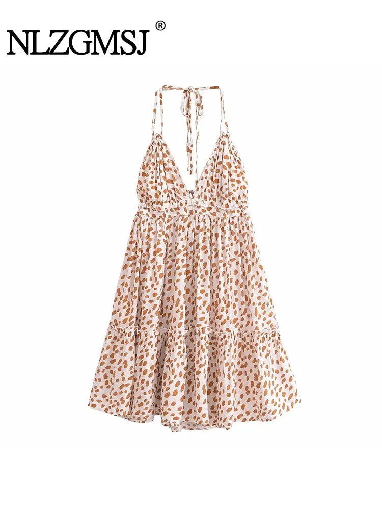 qgtao  Sexy V Neck Women Dress Summer Dresses Spaghetti Strap Printed Backless Beach Femme Mini Dress 