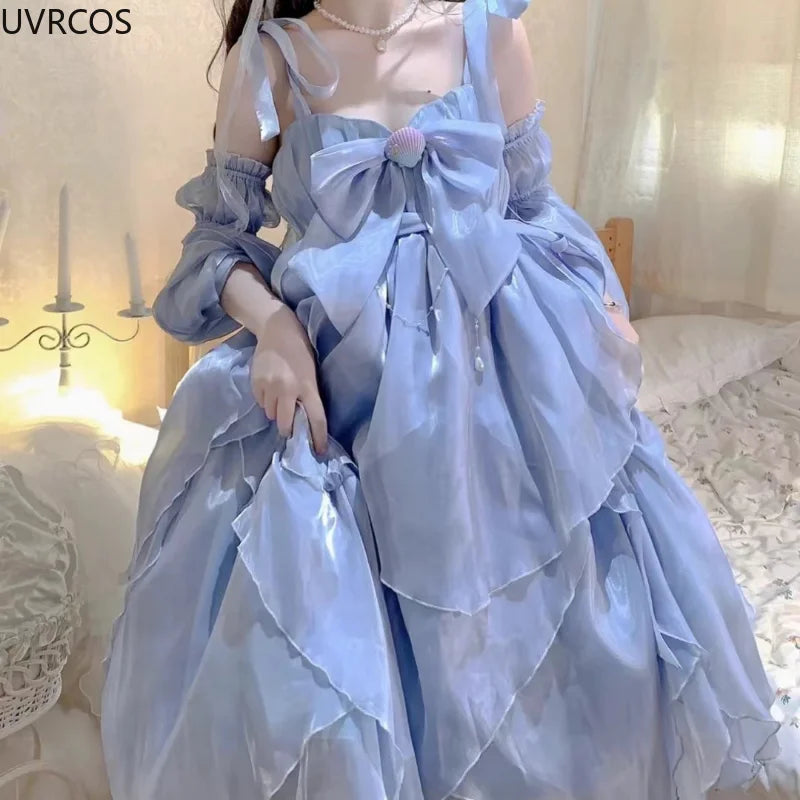 Vintage Elegant Evening Party Long Dress Women Gradient Blue Kawaii Lolita Jsk Dresses Female Bow Bandage Princess Fairy Dress