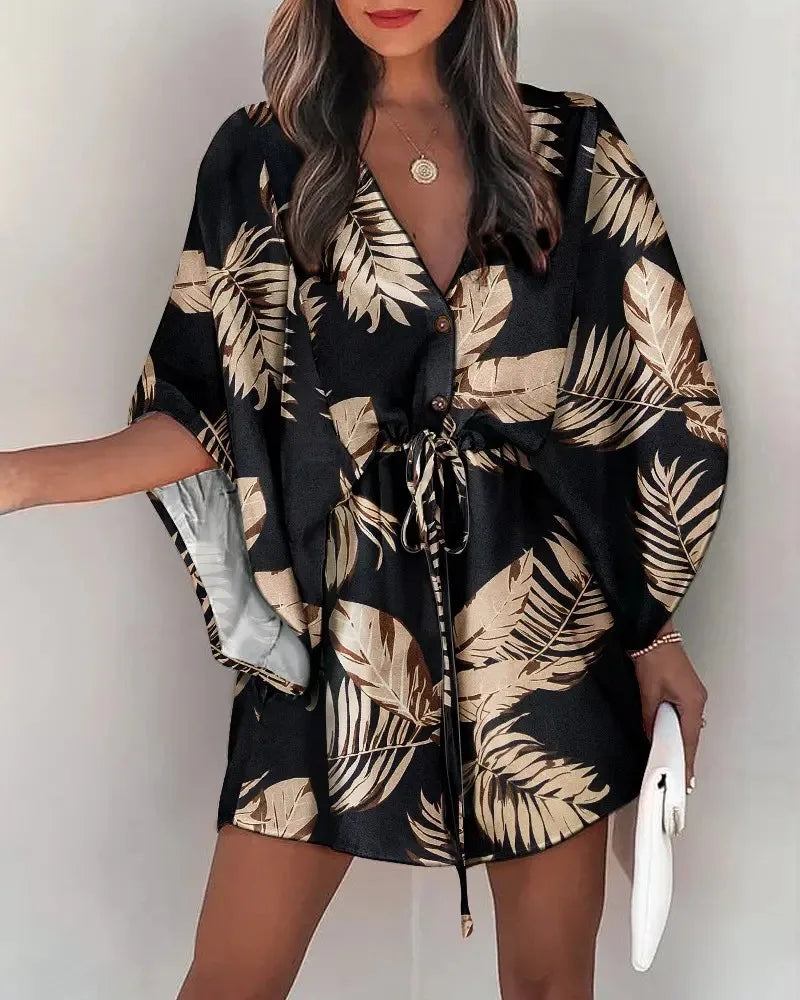 qgtao Women's Summer Flying Sleeves Sexy V-neck Lace Up Print Beach Dress 2023 Women's Spring Quarter Sleeve Loose Button Mini Dress