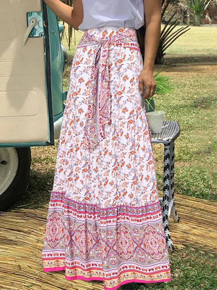 Fashion Floral Print Skirts Women Summer Vintage Elegant Pleated Long Skirts Boho Casual Bandage High Waist Holiday Beach Skirt