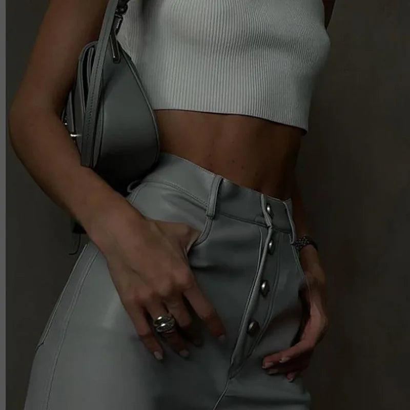 qgtao Fashion White PU Leather High Rise Pants Street wear Casual Button Up Straight Leg Pants for Women Trousers Pants