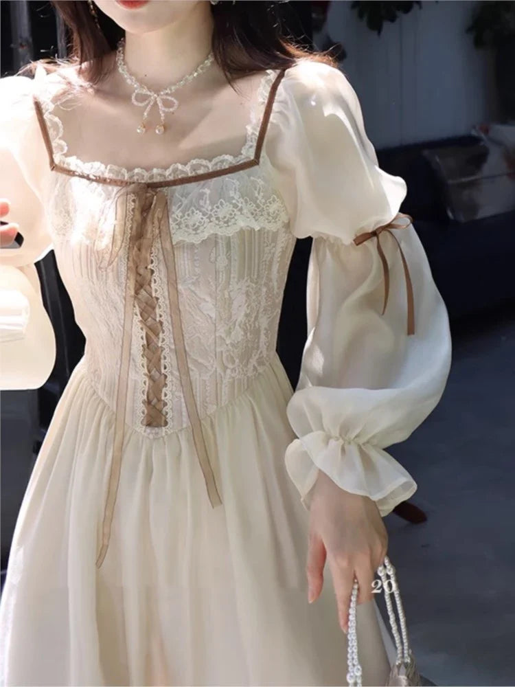 qgtao Autumn Fairy Midi Dresses for Women Lace-up Korean Fashion Slim Wasit A Line Princess Party Dress Vintage Court style Vestidos