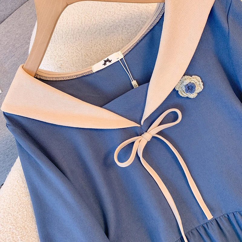 qgtao Plus-size women's casual dress with navy collar Blue decal skirt Bow Tie preppy French maxi Commuter party Home travel wear