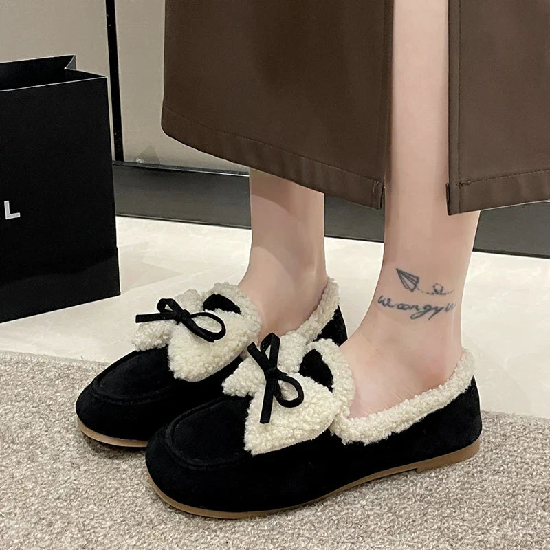 qgtao Bow Fur Women Cotton Shoes Flats Loafers Warm Snow Boots 2024 New Winter Casual Suede Shoes Fashion Short Plush Zapatillas Mujer