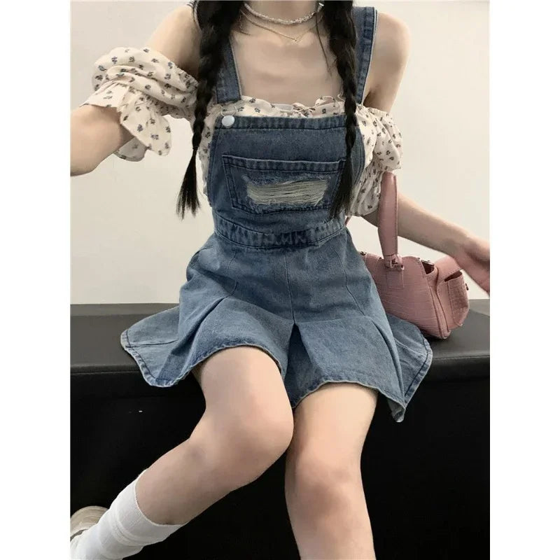qgtao-Denim Overall Dresses Women Summer Vintage Blue Elegant Y2k Folds Camisole Pleated Dress Mini Fashion Hotsweet Korean Vestidos