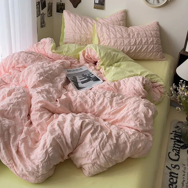 Yeknu Seersucker Princess Girls Bedding Set Duvet Cover Korean Four PIECE Washed Cotton Bed Sheet Cover Quilt Set