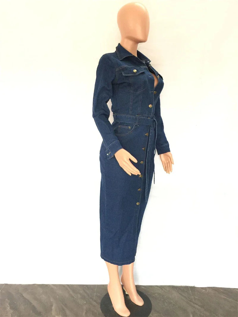Vintage Denim Dresses for Women Autumn Clothes Long Sleeve Button Up Bodycon Jean Dress Streetwear Elegant Midi Dress Robe Femme