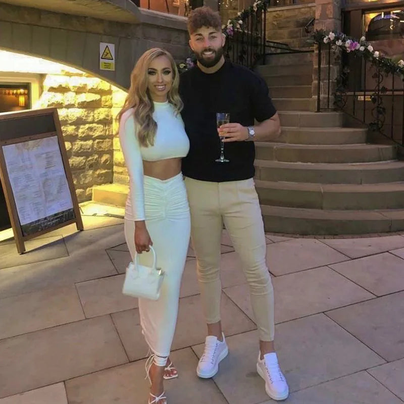 qgtao Sexy 2 Piece Set Outfits for Women Club Party Top and Dress Sets Elegant White Long Sleeve Long Ruched Matching Sets maxi skirt