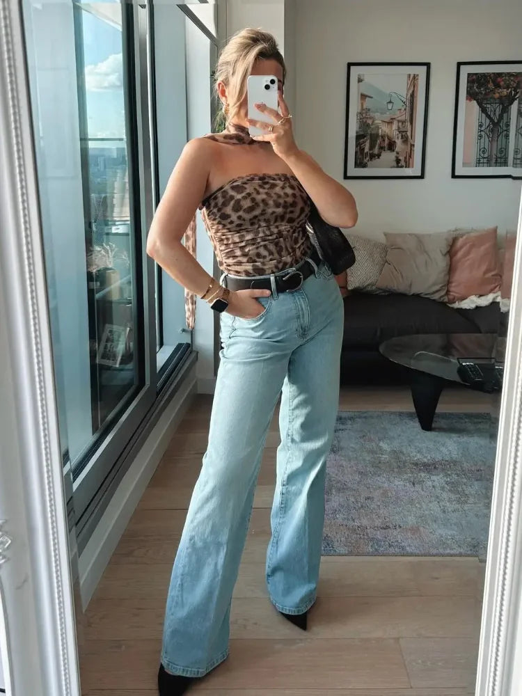 qgtao Chic Leopard Print Top Long Skirt Suits 2 Pcs Set Women Sleeveless Halter Tops Hip Package Slim Skirts Summer New Lady Outfits