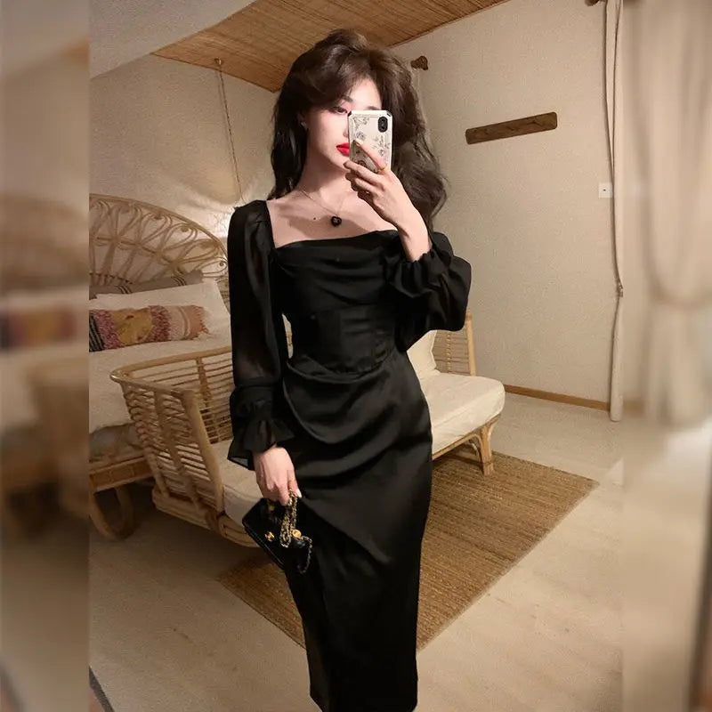 qgtao 2024 Autumn Solid Elegant Fairy Dresses Women Casual Party Fashion Korean One Piece Dress Female Lace Vintage Chic Midi Dresses