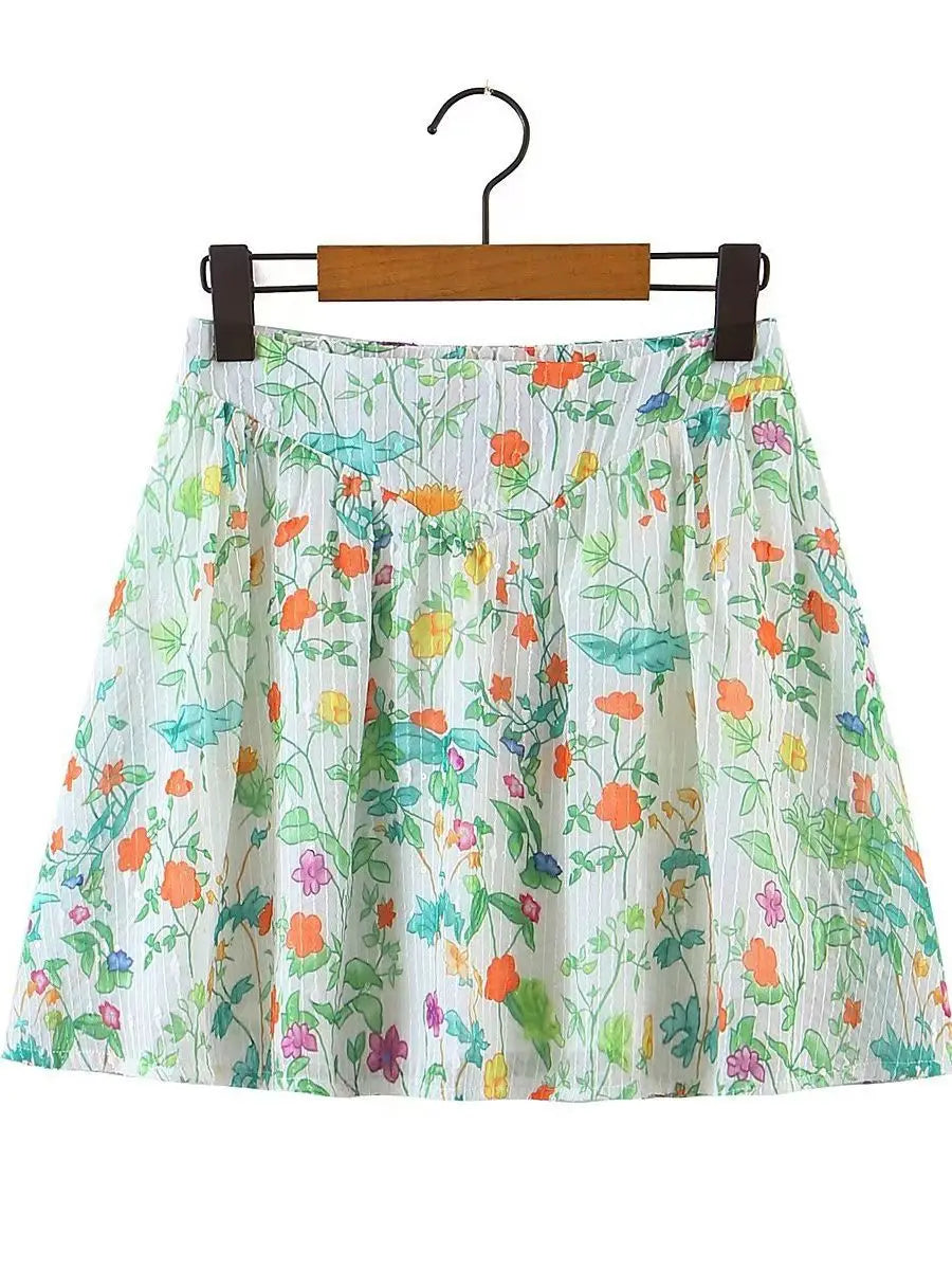 With Pad Green Floral Print Short T-shirt Puff Sleeve Crop Top Sexy Corset Women Splice Ruched Hem Mini Skirt Matching Set